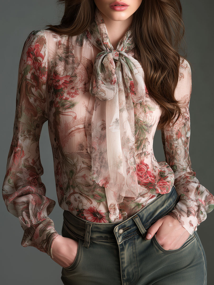 Camicetta in chiffon rosa cipria a fiori – vista frontale