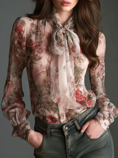 Camicetta in chiffon rosa cipria a fiori – vista frontale