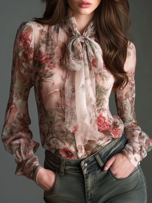 Camicetta in chiffon rosa cipria a fiori – vista frontale