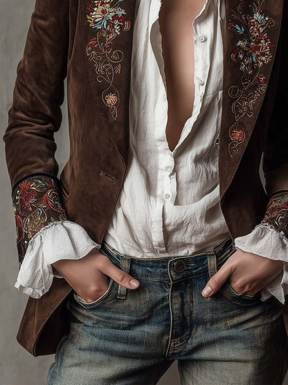 Blazer in camoscio marrone con ricami – dettaglio 5