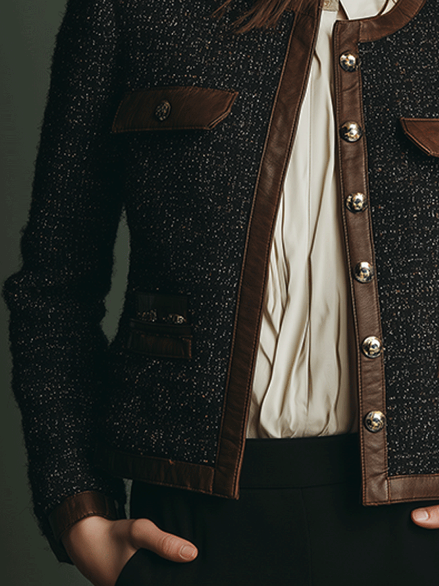 Giacca in tweed nera con rifiniture in similpelle – dettaglio 5