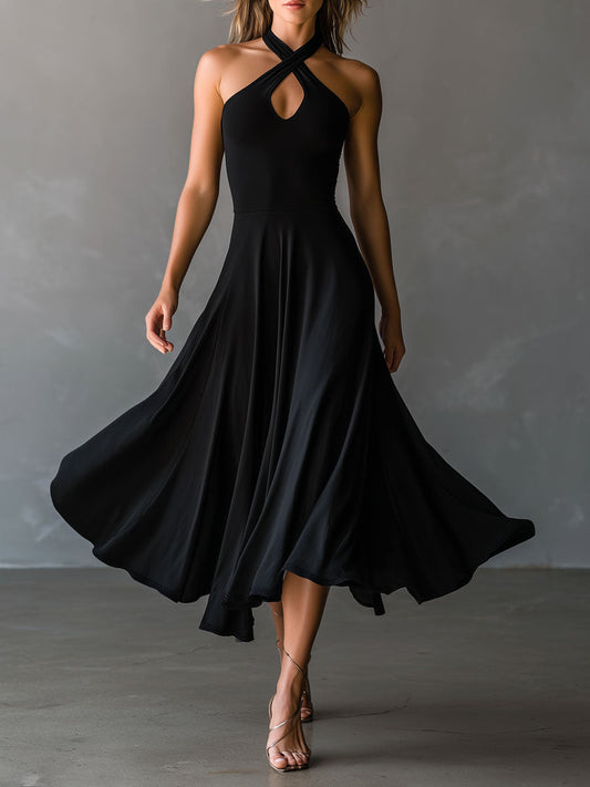Vestito midi nero halter – vista frontale