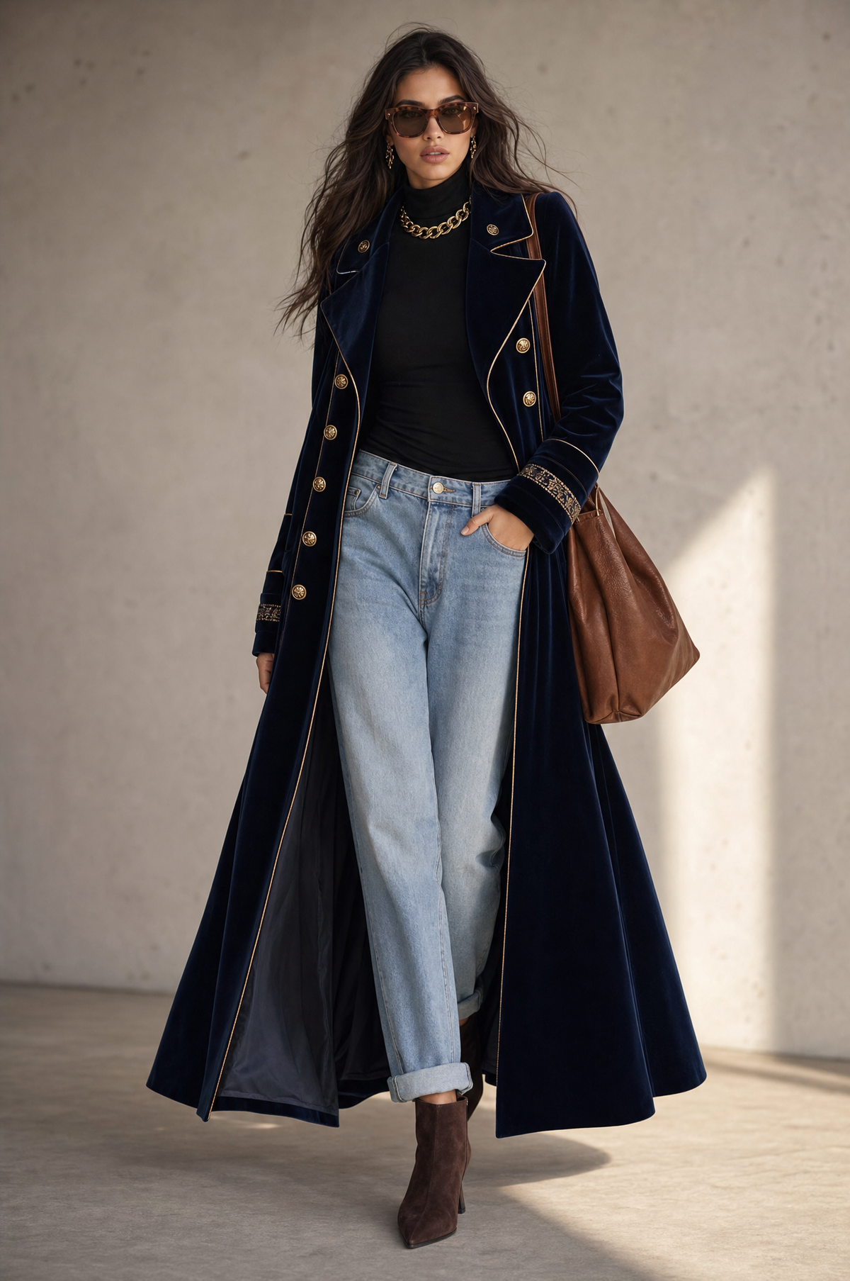 Cappotto lungo in velluto blu navy doppiopetto con profili oro – dettaglio 6