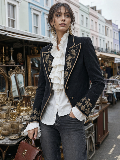 Blazer ricamato nero con fiori dorati – look indossato