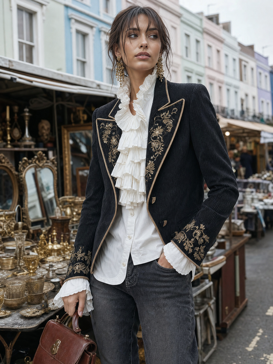 Blazer ricamato nero con fiori dorati – look indossato