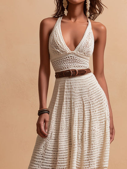 Vestito lungo avorio all'uncinetto – cintura