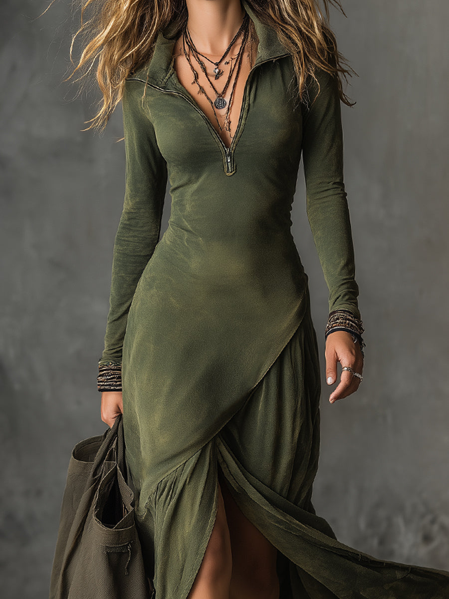 Abito midi verde boho in cotone – dettaglio 4