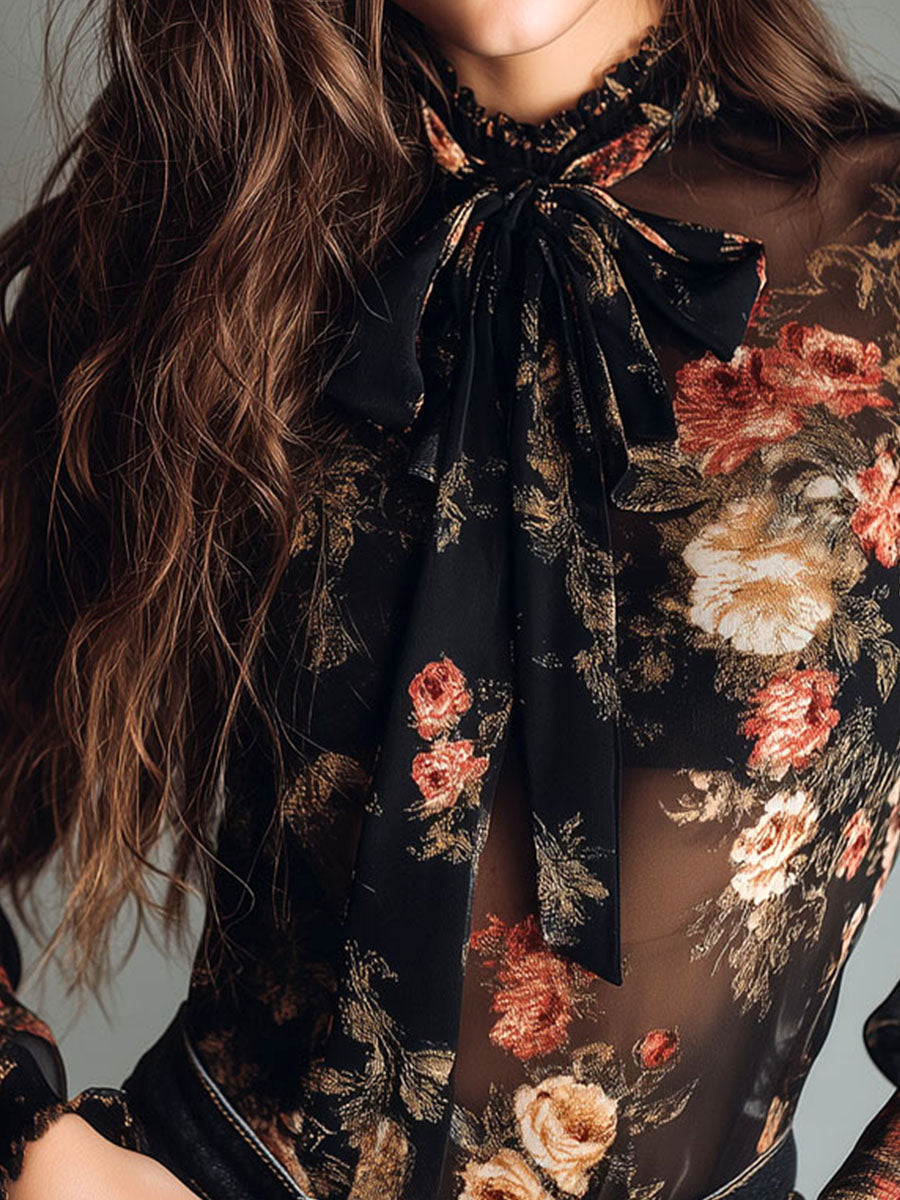 Blusa vintage nera in chiffon con fiori – dettaglio 5