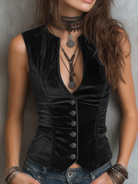 Gilet vintage in velluto nero con scollo a V – vista frontale