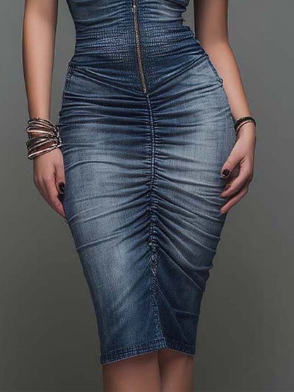 Abito midi in denim blu con zip frontale – dettaglio 7