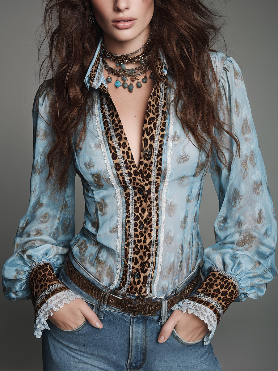 Blusa aderente leopardata con bordo in pizzo – vista frontale