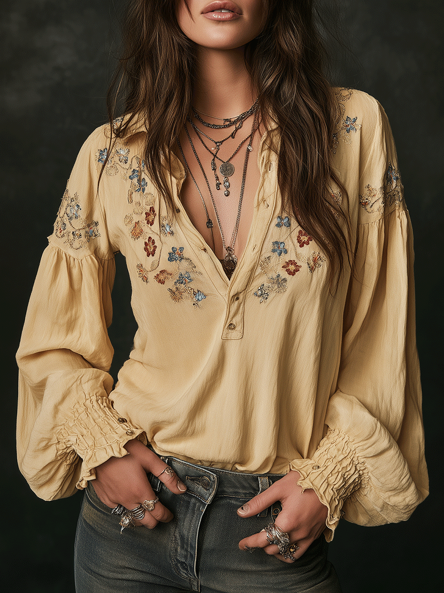 Camicia gialla in cotone ricamata – vista frontale