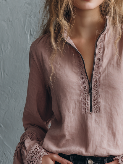 Blusa vintage rosa con polsini in pizzo – dettaglio 1
