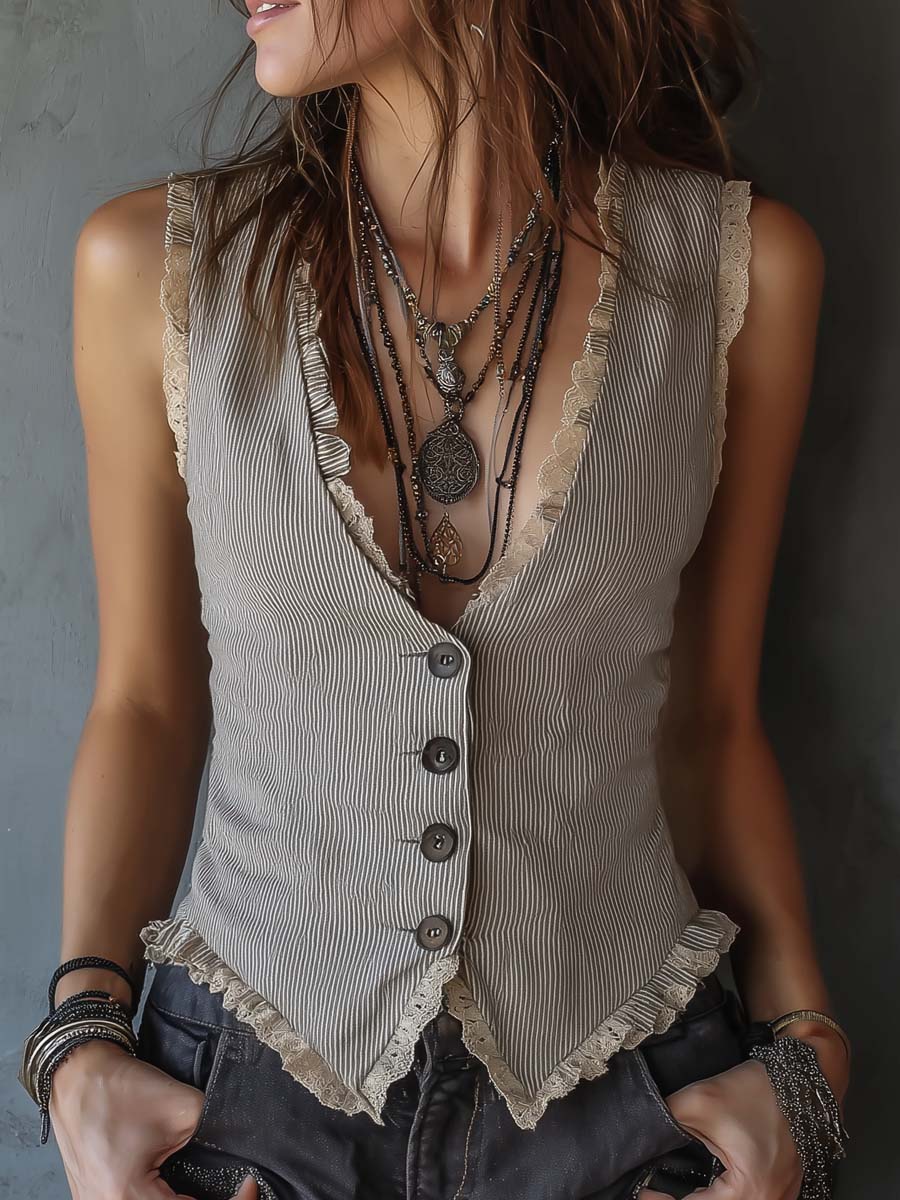 Gilet a righe grigio con pizzo – vista frontale