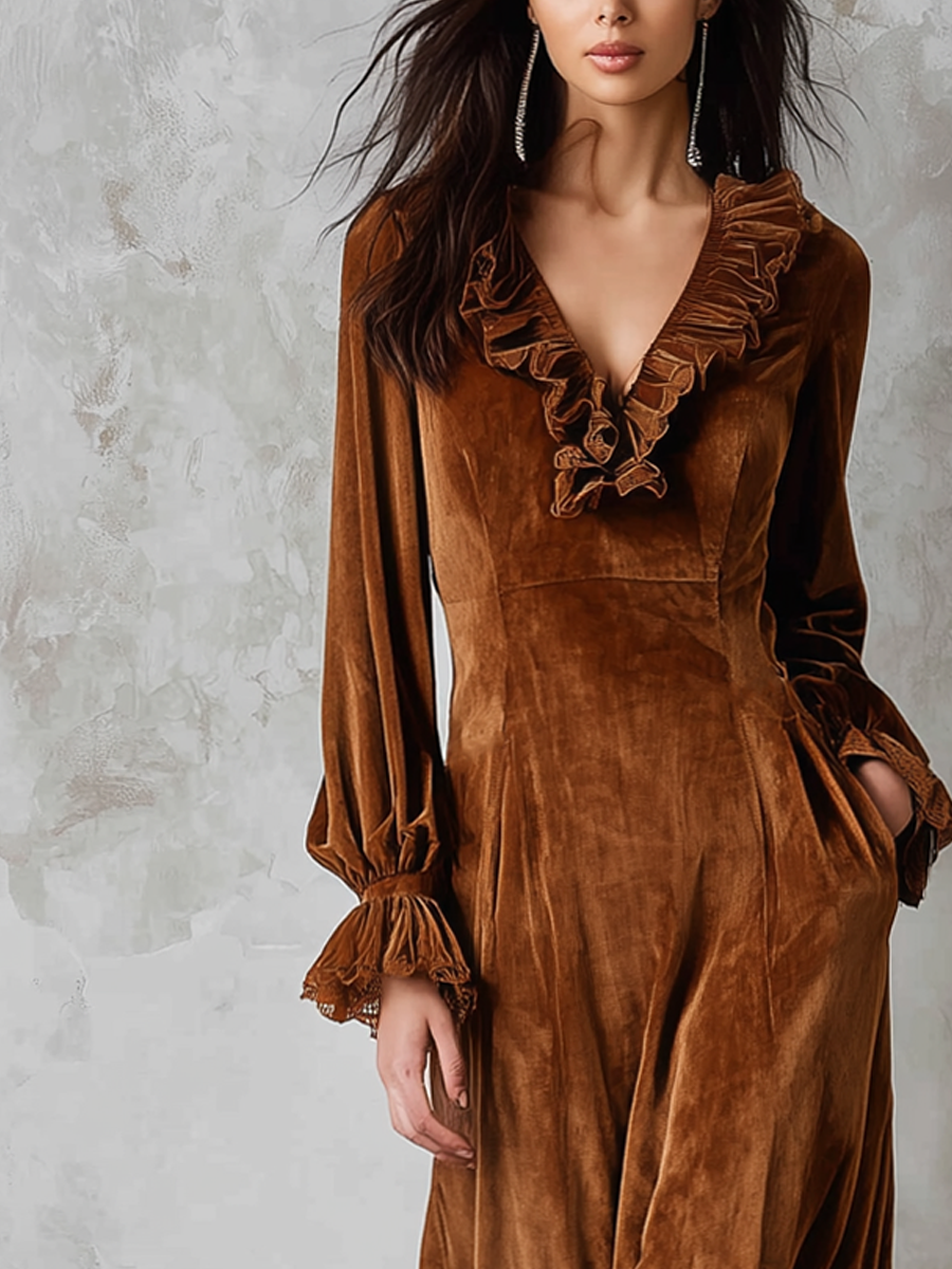 Abito midi marrone in velluto con pizzo – dettaglio 3