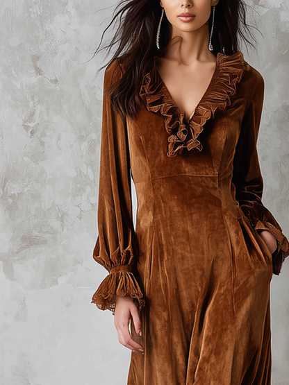 Abito midi marrone in velluto con pizzo – dettaglio 3