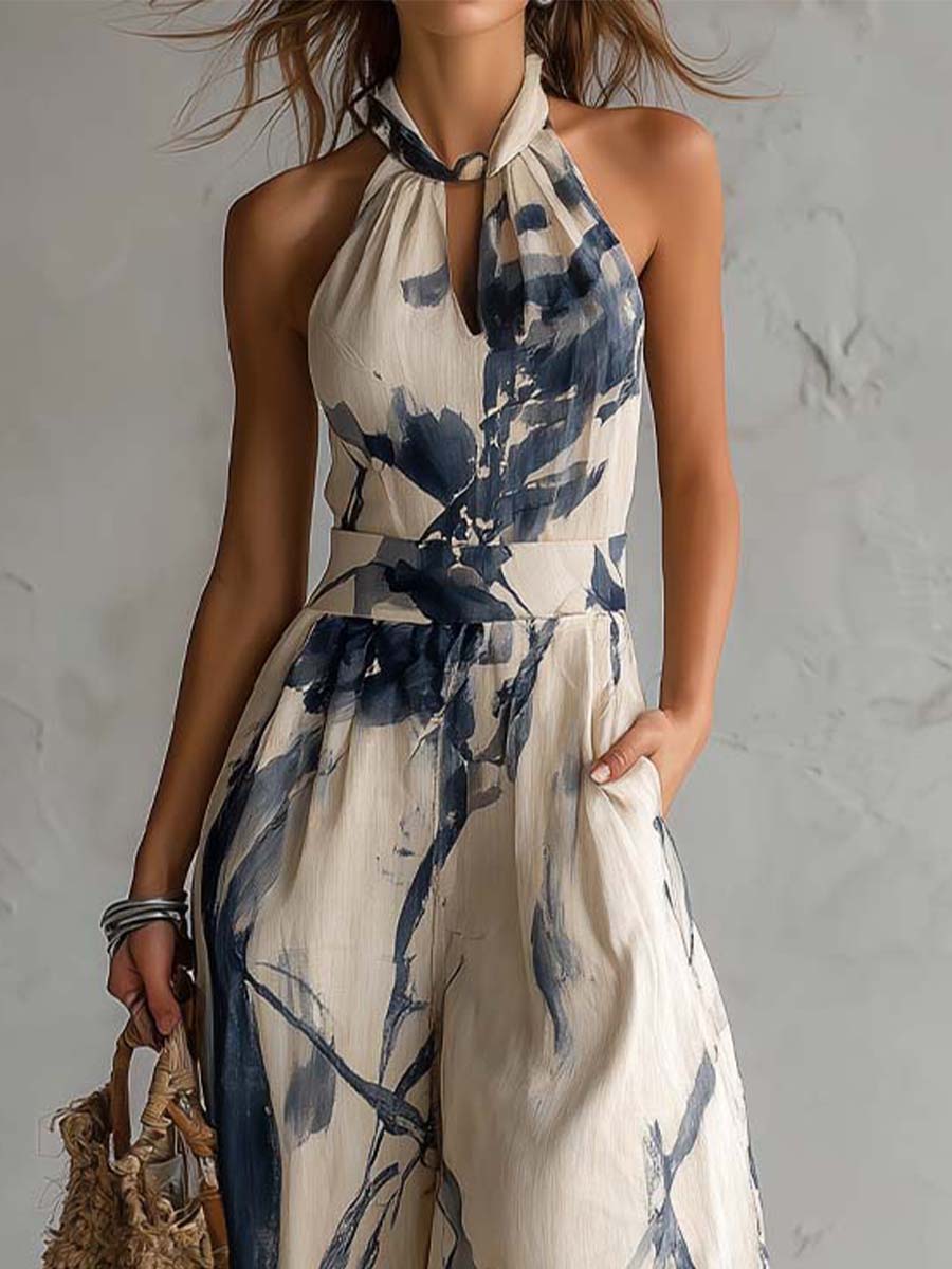 Tuta halter con stampa ink wash – vista laterale