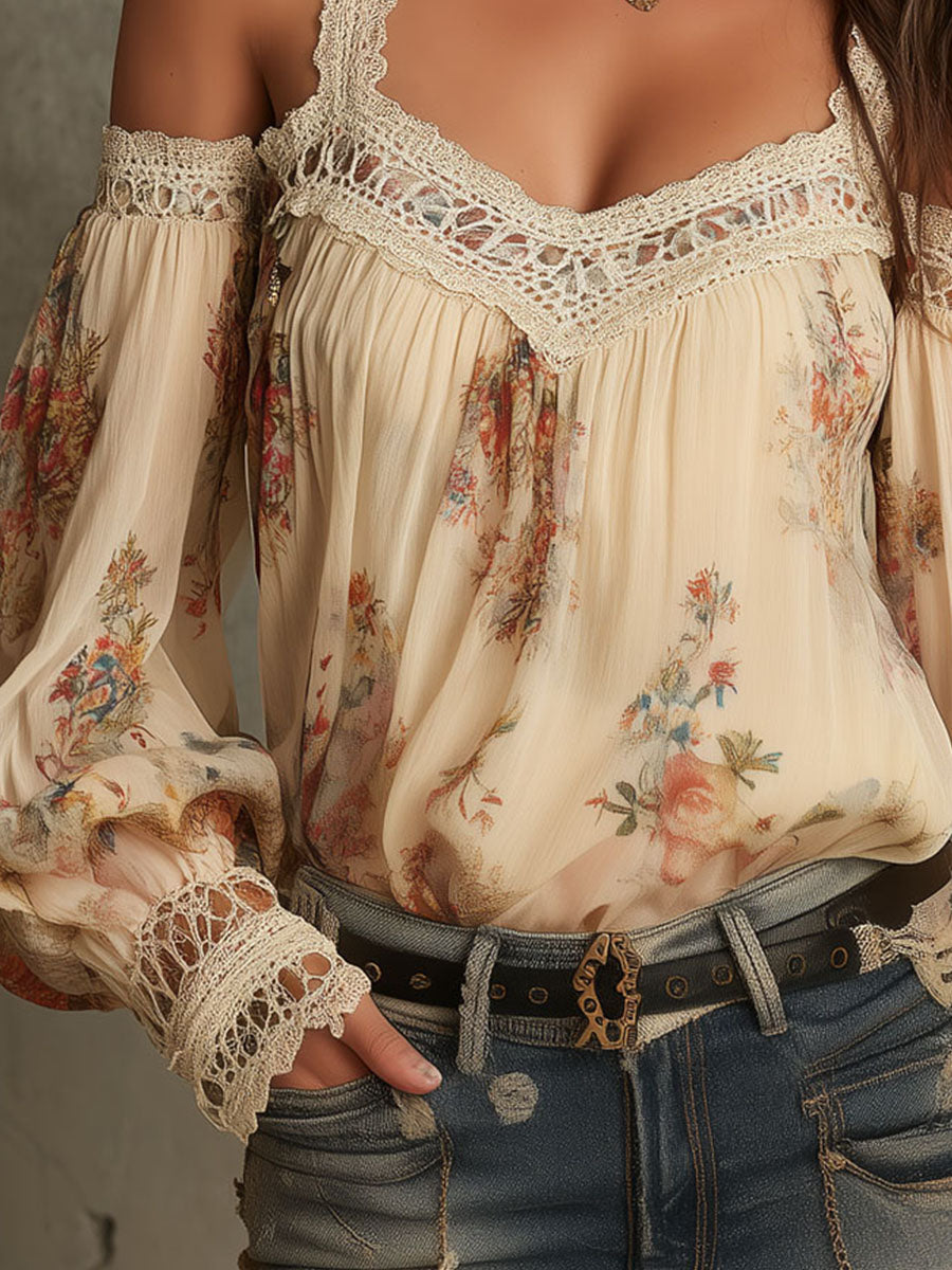 Blusa crema in pizzo floreale con spalle scoperte – dettaglio 9