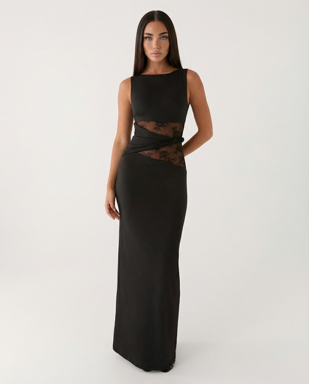 Abito lungo Lace Illusion nero – vista frontale