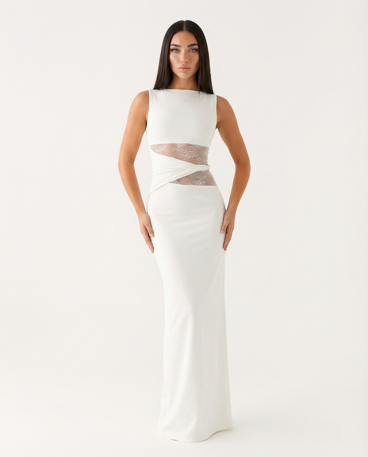 Abito lungo Lace Illusion bianco – vista frontale