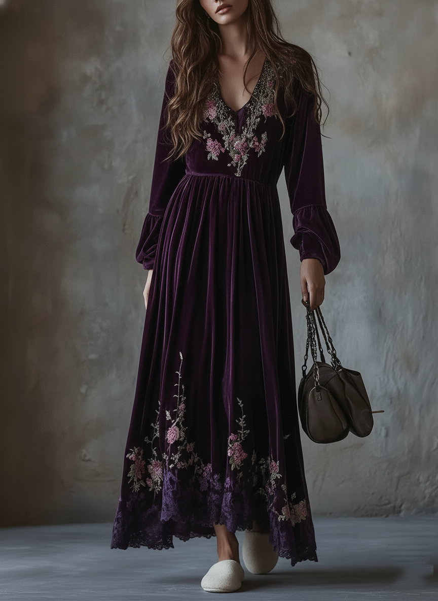 Vestito lungo viola in velluto ricamato – vista frontale