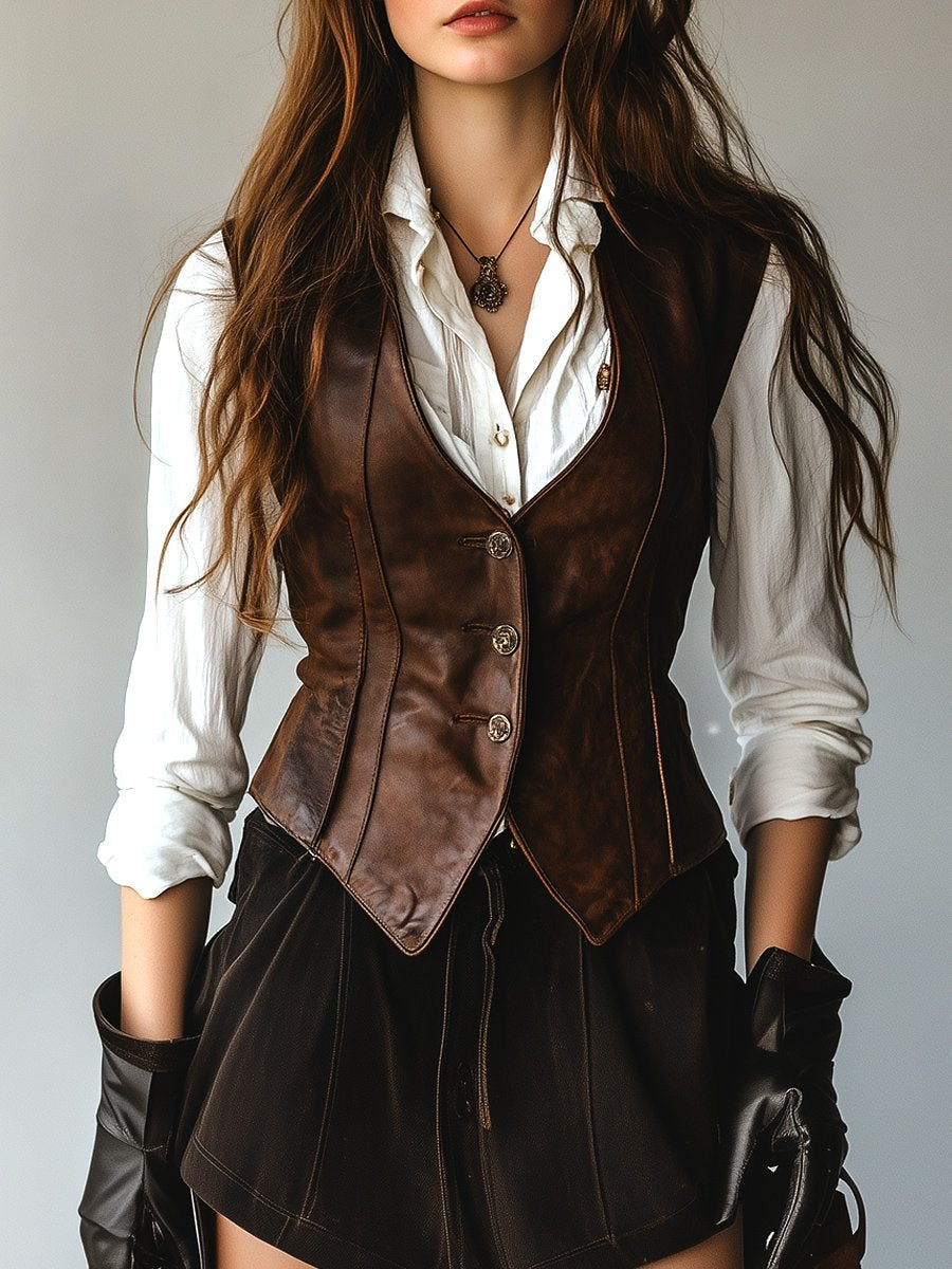 Gilet in pelle marrone – look completo