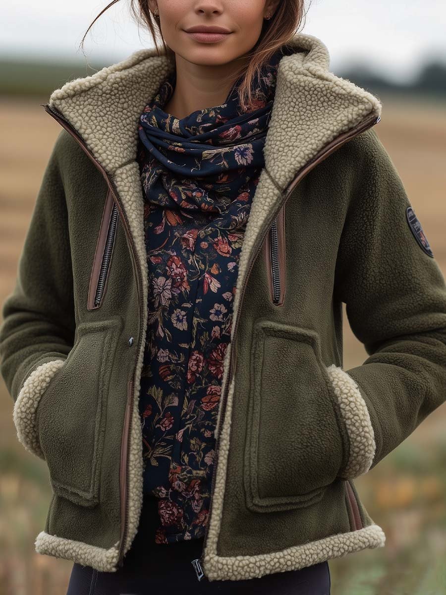 Giacca sherpa vintage verde con collo alto – dettaglio 4