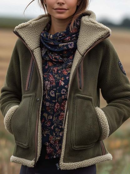 Giacca sherpa vintage verde con collo alto – dettaglio 4