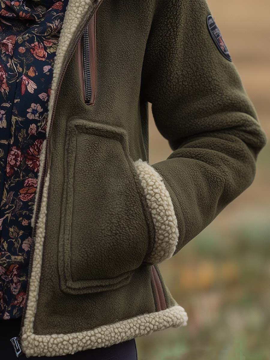 Giacca sherpa vintage verde con collo alto – vista frontale