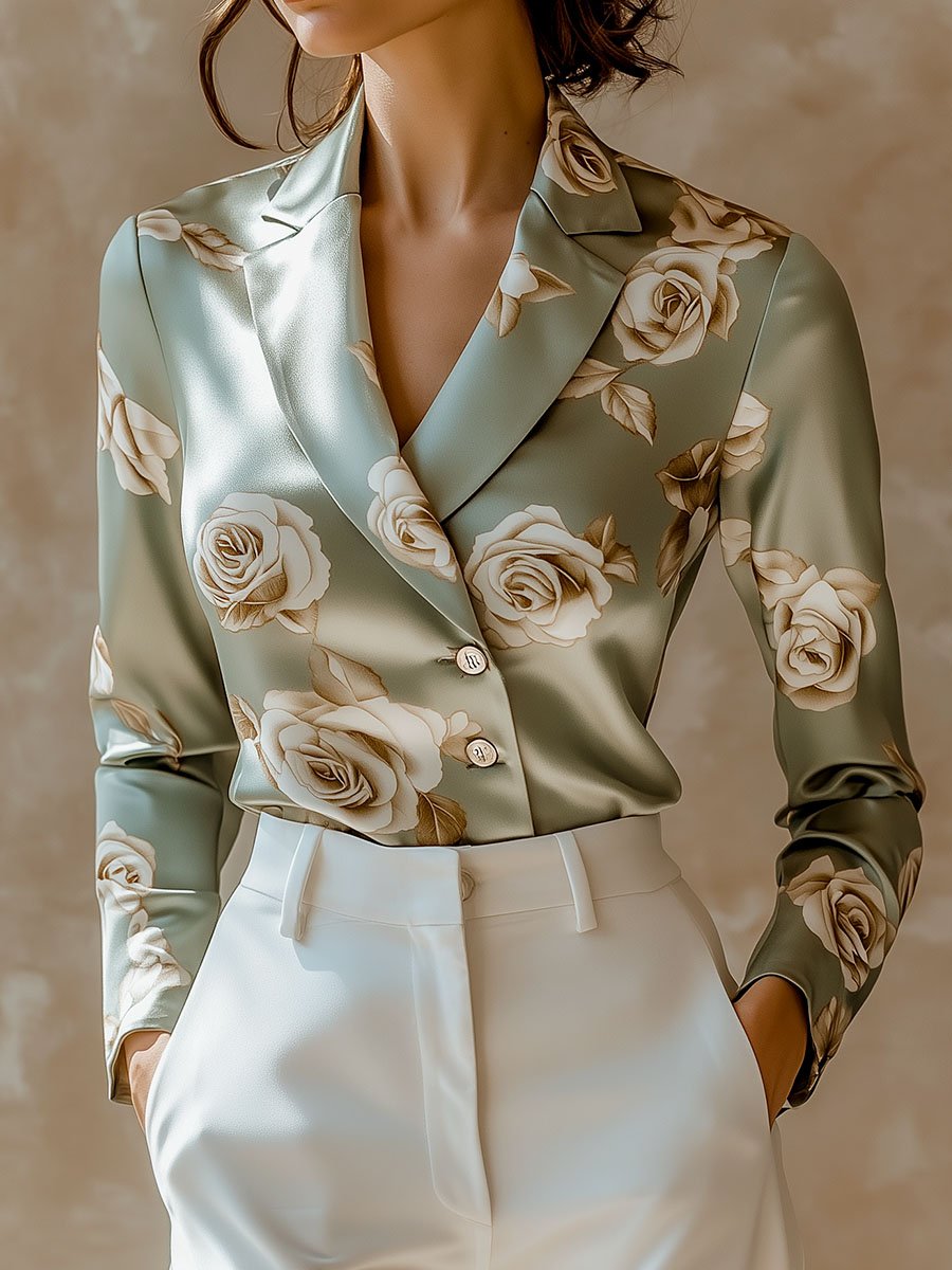 Camicia in raso verde chiaro con stampa di rose – vista frontale