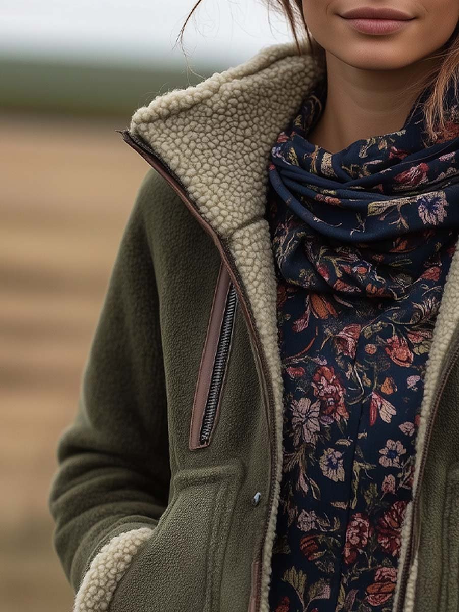 Giacca sherpa vintage verde con collo alto – dettaglio 3
