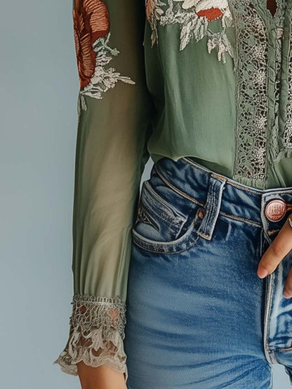 Camicetta boho floreale verde salvia in pizzo – vista posteriore