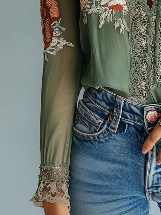 Camicetta boho floreale verde salvia in pizzo – vista posteriore