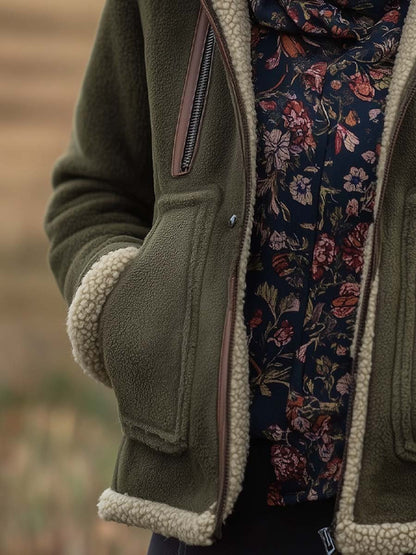 Giacca sherpa vintage verde con collo alto – dettaglio 1
