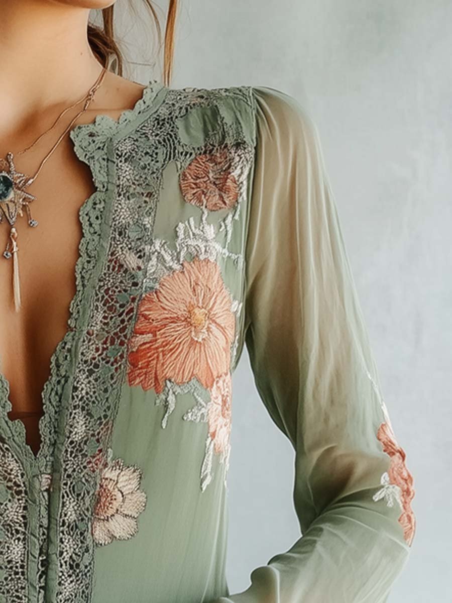 Camicetta boho floreale verde salvia in pizzo – dettaglio