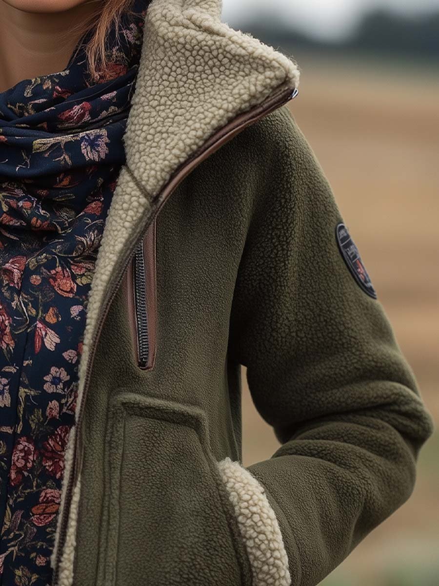Giacca sherpa vintage verde con collo alto – dettaglio 2
