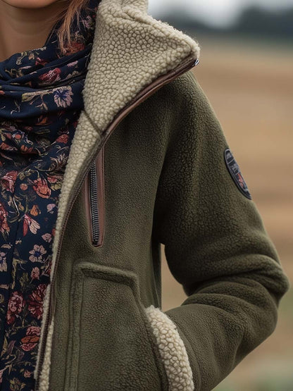 Giacca sherpa vintage verde con collo alto – dettaglio 2