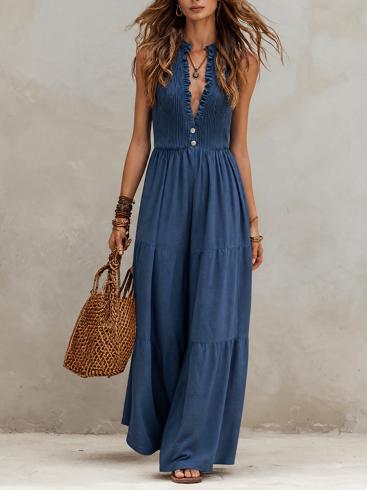 Tuta blu navy in cotone e lino – vista frontale