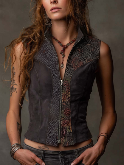 Gilet patchwork in ecocamoscio grigio scuro – dettaglio 2