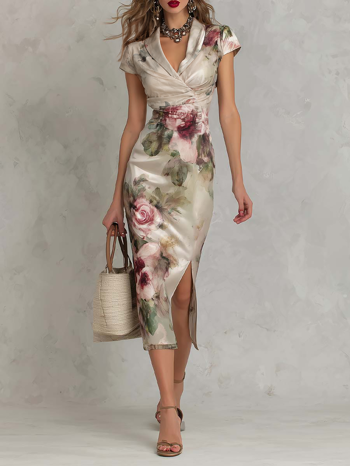 Vestito midi in raso avorio floreale – vista frontale