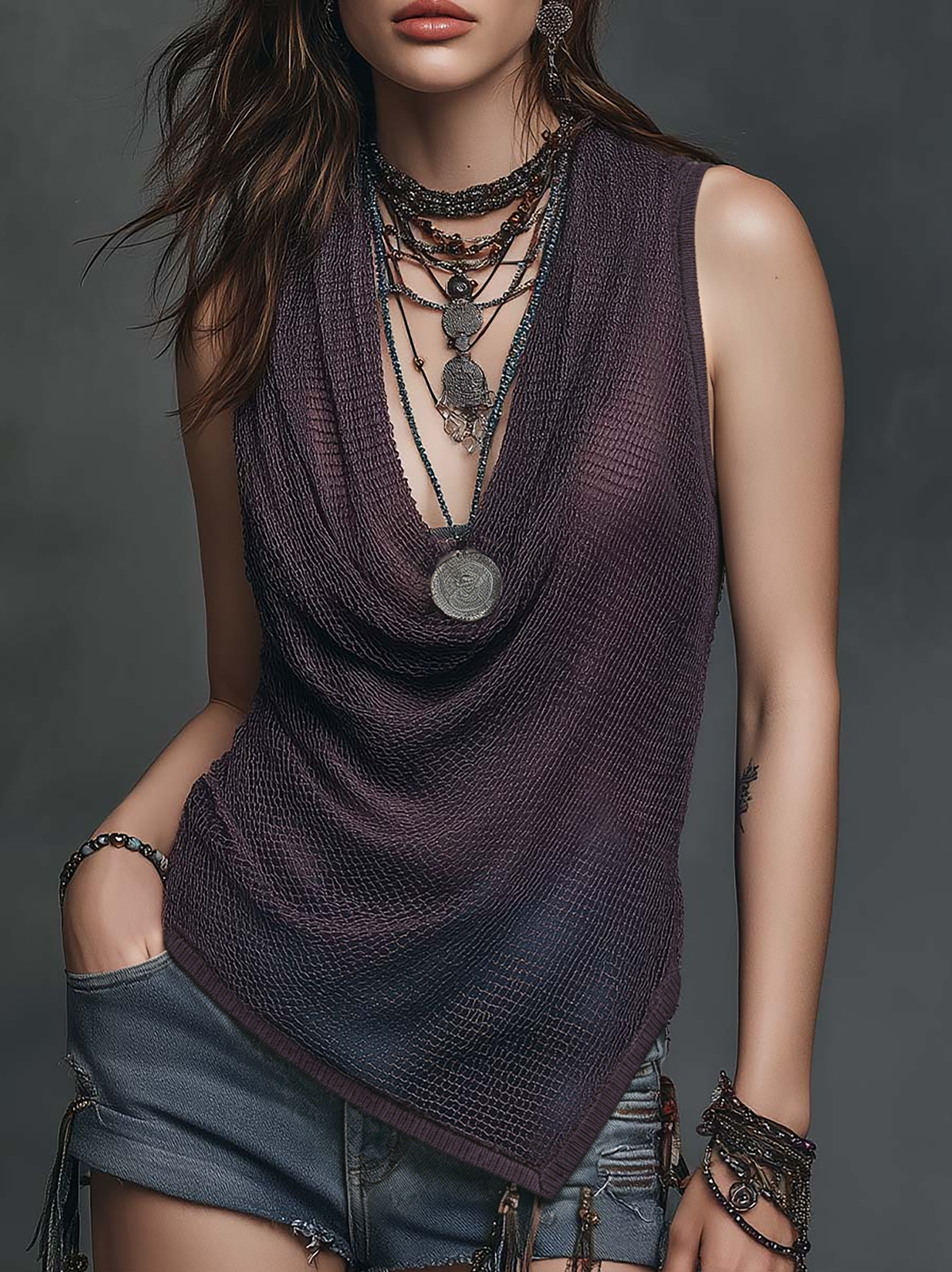 Top boho in maglia viola scuro – vista frontale
