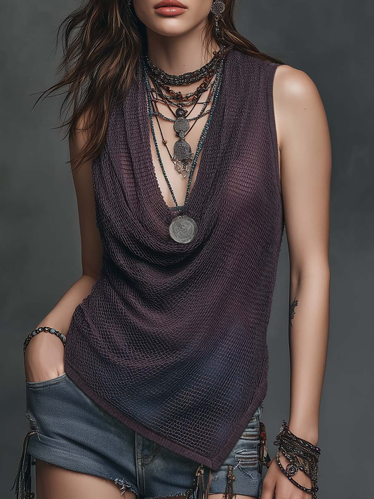 Top boho in maglia viola scuro – vista frontale