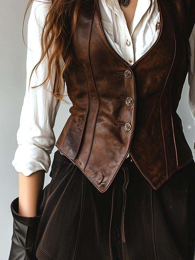 Gilet in pelle marrone – dettaglio del tessuto