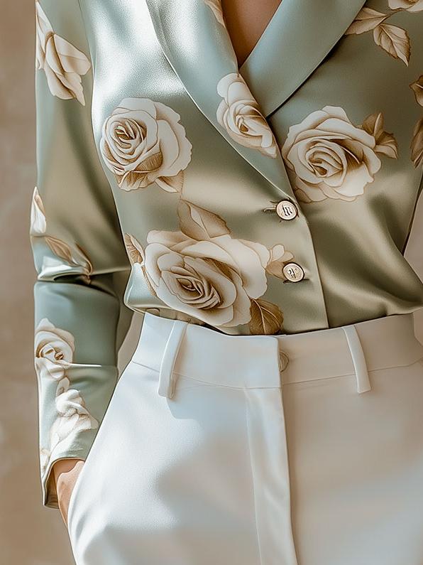 Camicia in raso con rose – look completo